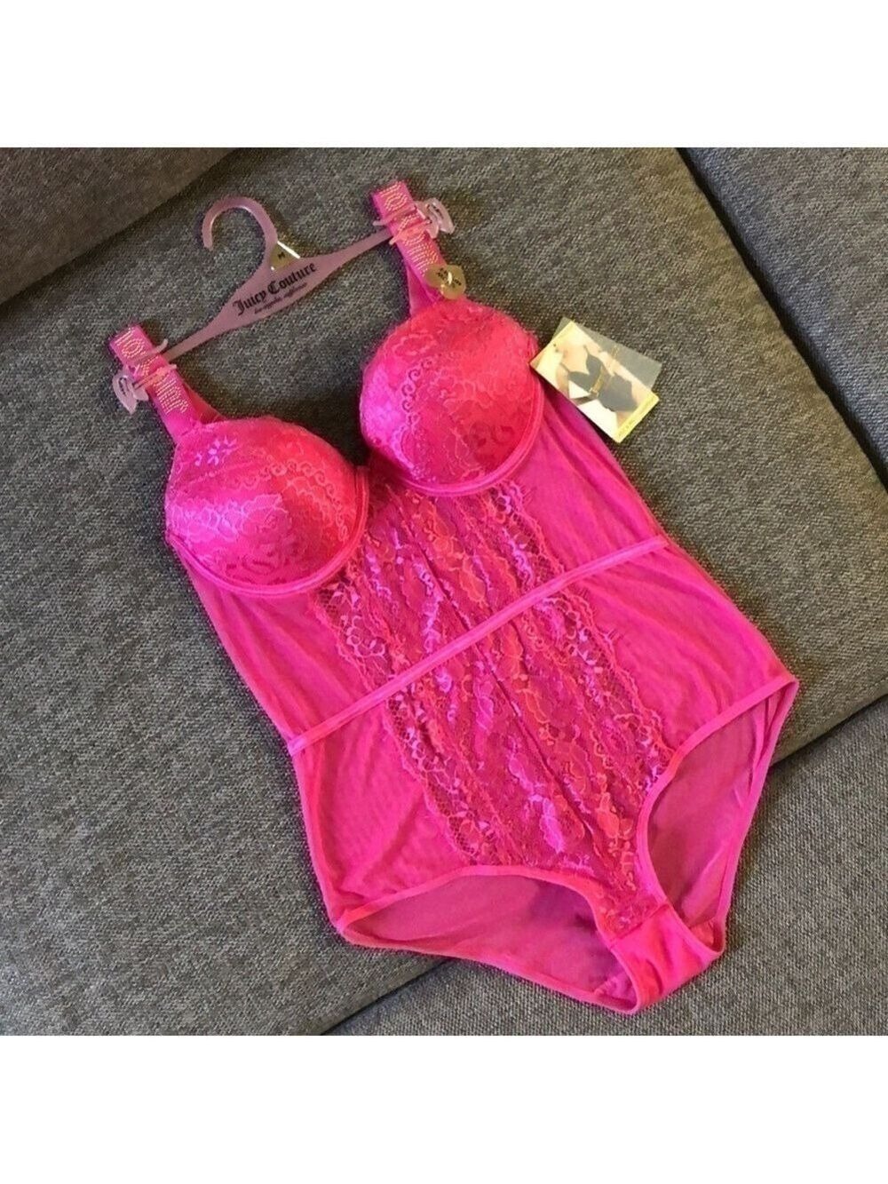 Juicy Couture Lace and Mesh Bodysuit Push Up Hot Pink Barbie Y2K Vintage M